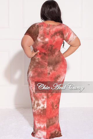 Final Sale Plus Size Short Sleeve Deep Scoop Neck Maxi Dress in Red & Brown Tie Dye Print
