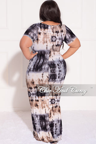 Final Sale Plus Size Short Sleeve Deep Scoop Neck Maxi Dress in Black Ivory and Brown Tie Dye Print