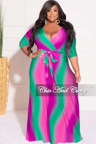 Final Sale Plus Size Faux Wrap Dress in Fushia Pink and Green