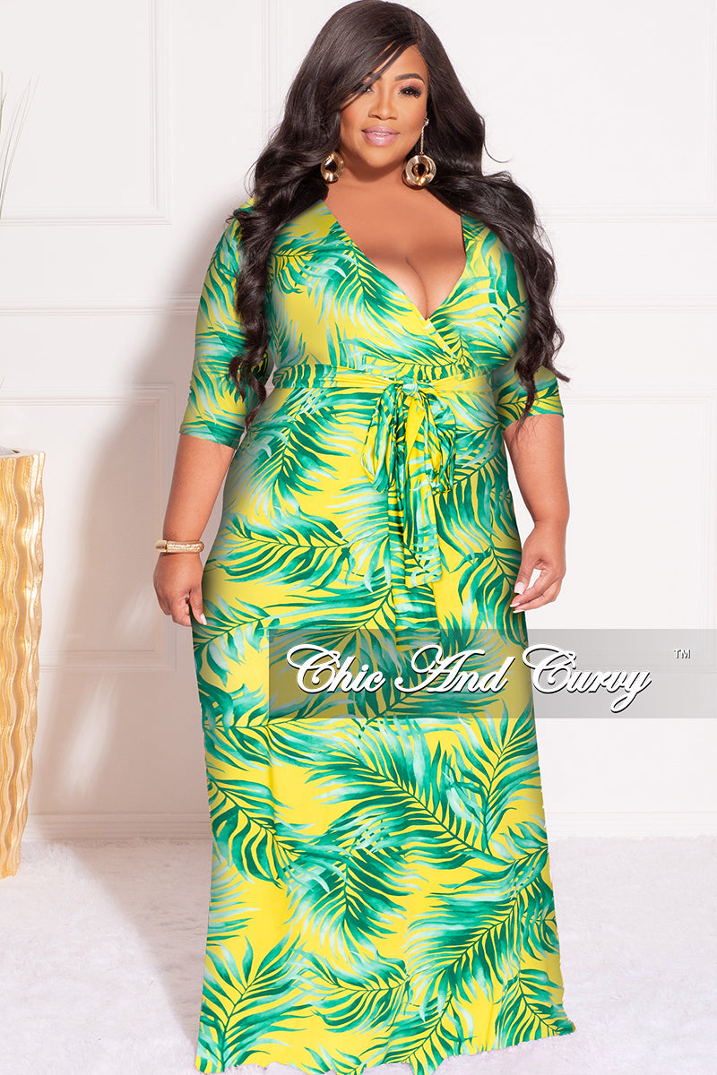 Final Sale Plus Size Faux Wrap Dress in Yellow and Green Palm Print