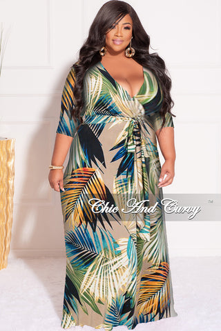 Final Sale Plus Size Faux Wrap Dress in Mocha Palm Print