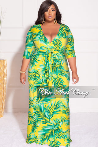 Final Sale Plus Size Faux Wrap Dress in Yellow and Green Palm Print