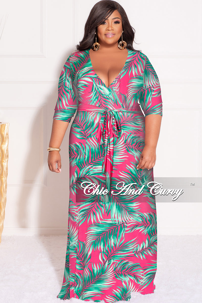 Final Sale Plus Size Faux Wrap Dress in Fuchsia and Green Palm Print