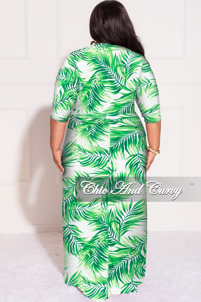 Final Sale Plus Size Faux Wrap Dress in White and Green Palm Print