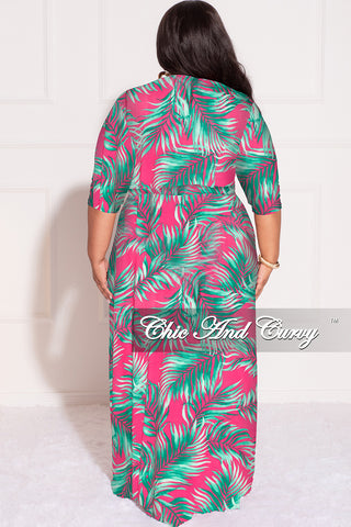 Final Sale Plus Size Faux Wrap Dress in Fuchsia and Green Palm Print