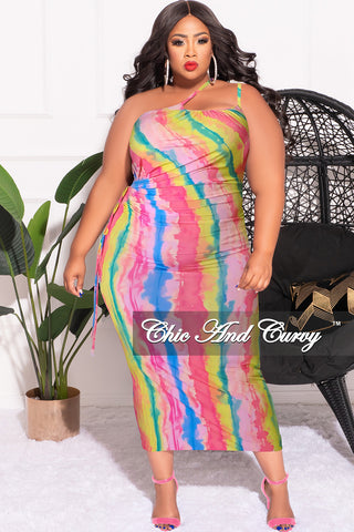 Final Sale Plus Size Double Strap BodyCon Dress with Cutout Side in Pink Multi Color Tie Dye Print
