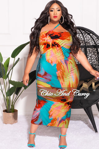 Final Sale Plus Size Sleeveless Double Spaghetti Strap One Shoulder BodyCon Dress in Yellow Turquoise Orange Pink and Red