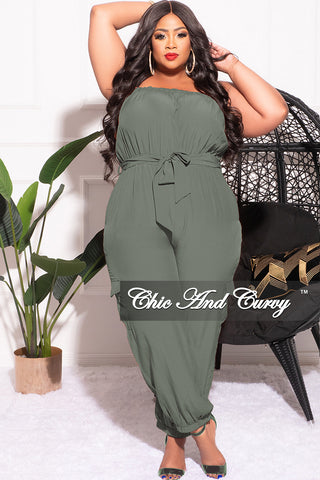 Final Sale Plus Size Strapless Jumpsuit with Tie in Olive