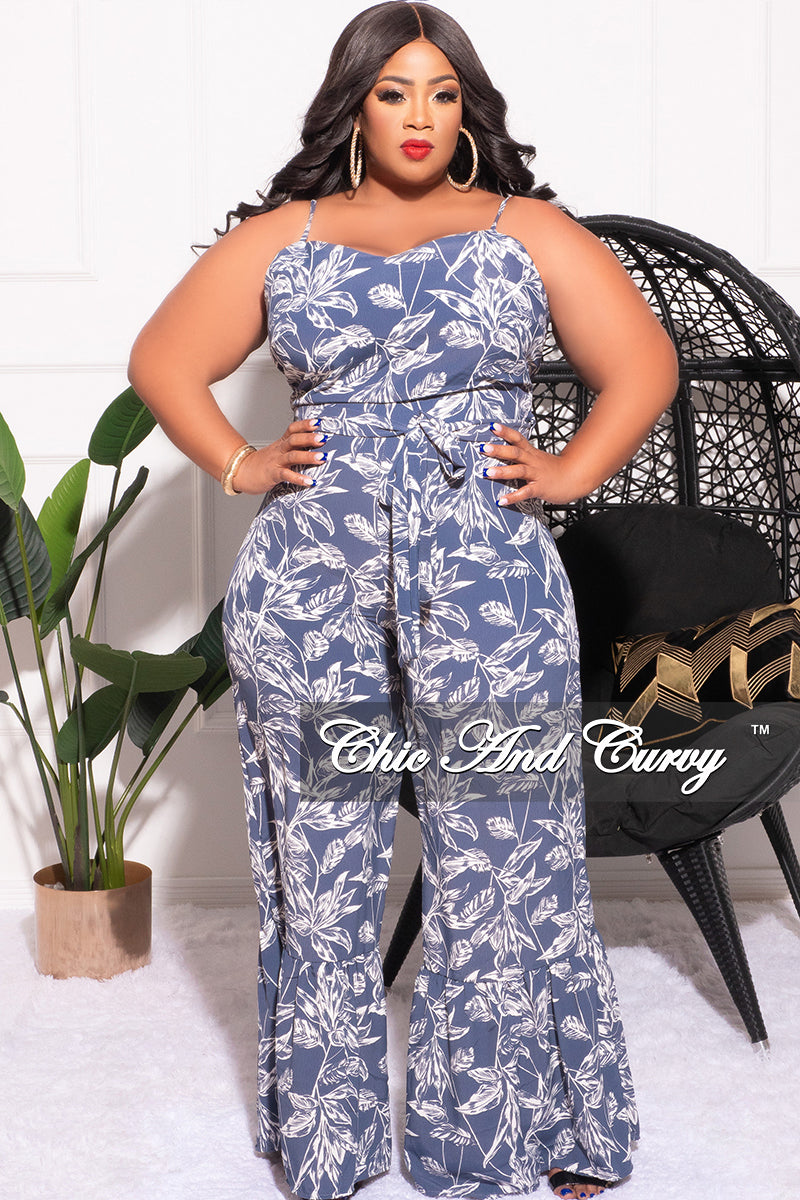 Final Sale Plus Size Spaghetti Strap Bell Bottom Jumpsuit with Tie in Blue and White Floral Print