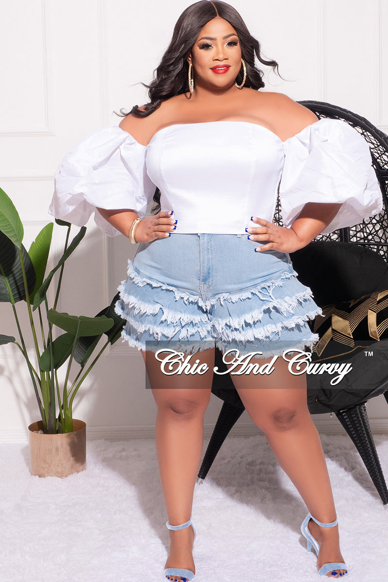 Final Sale Plus Size Ruffle Layered Frayed Shorts in Light Denim – Chic And  Curvy