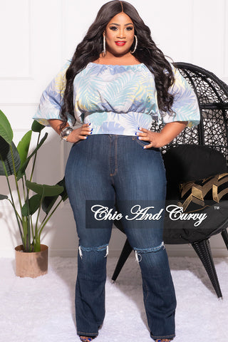 Final Sale Plus Size Drawstring Off the Shoulder Top in Soft Turquoise Leaf Print