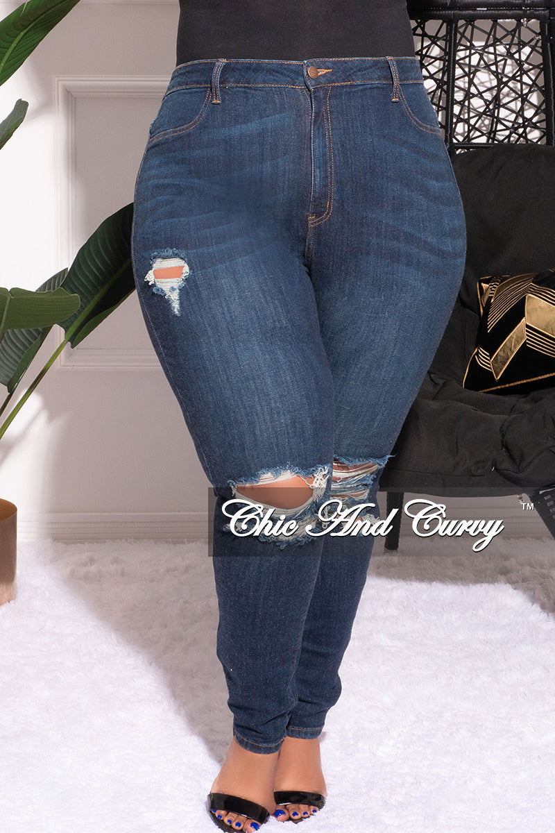 Final Sale Plus Size Distressed Jeans in Dark Blue – Chic And Curvy