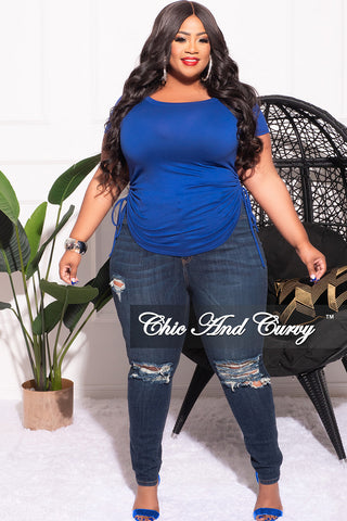 Final Sale Plus Size Short Sleeve Top with Ruched Drawstring in Royal Blue