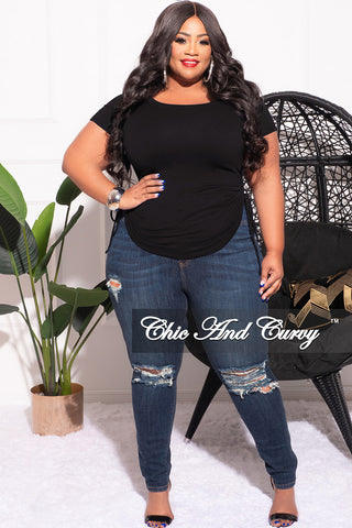 Final Sale Plus Size Short Sleeve Top with Ruched Drawstring in Black