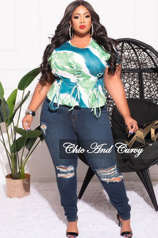Final Sale Plus Size Lace Up Crop Top in Green White and Teal Tie Dye Print