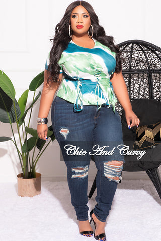 Final Sale Plus Size Lace Up Crop Top in Green White and Teal Tie Dye Print