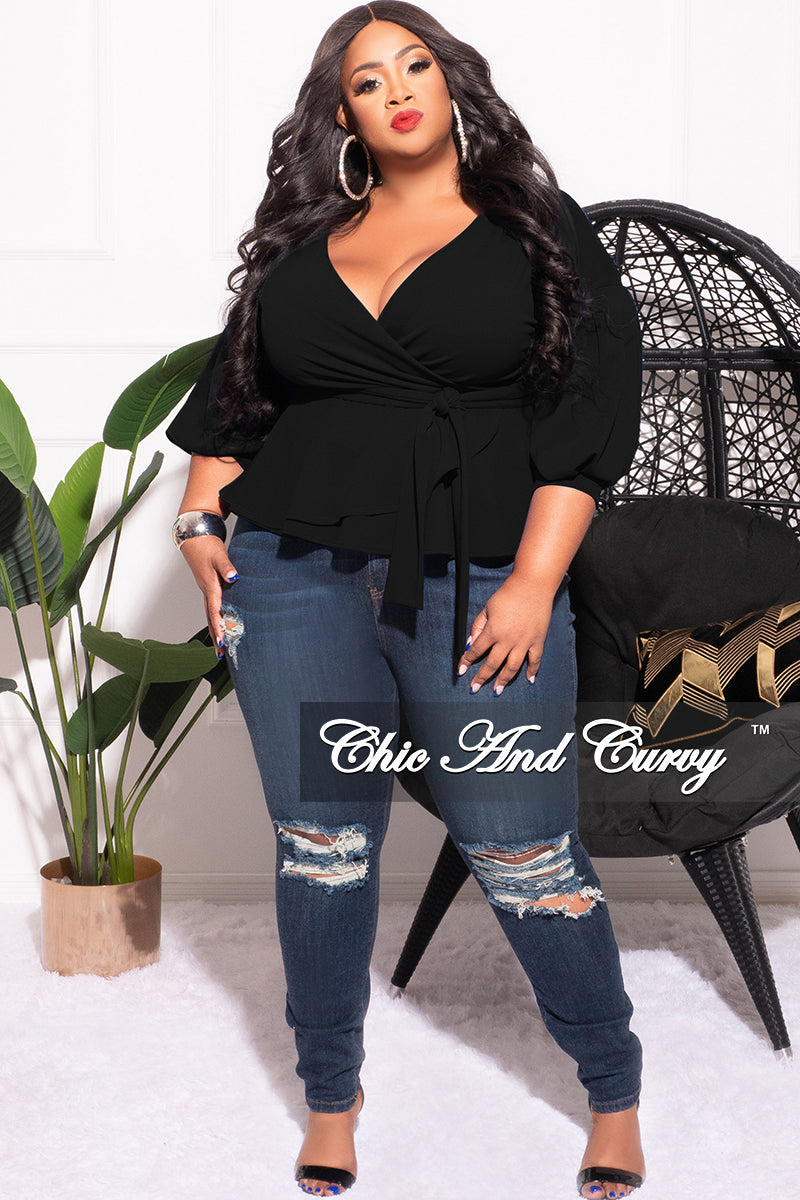 Final Sale Plus Size Faux Wrap Peplum Top with Waist Tie in Black – Chic  And Curvy
