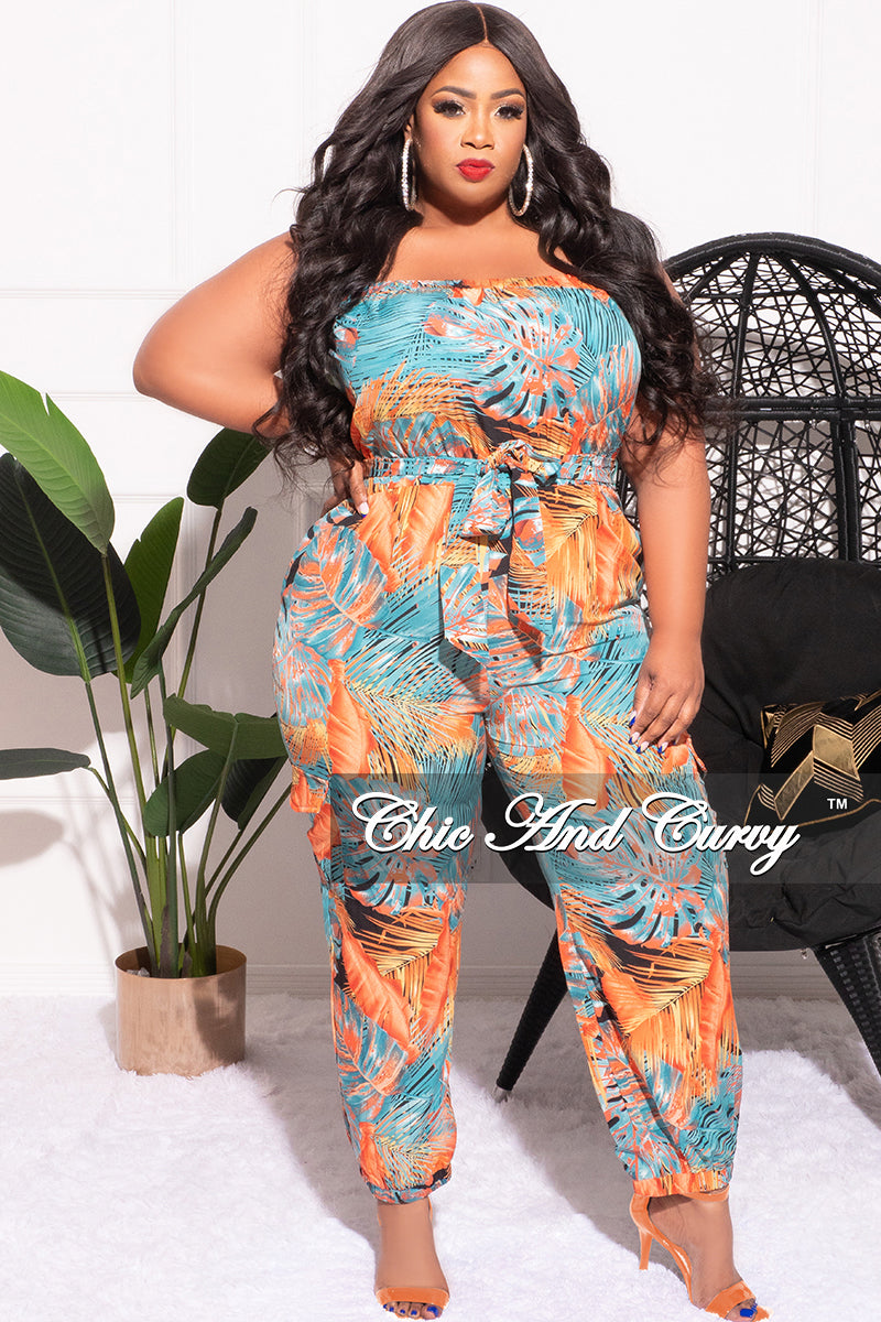 Final Sale Plus Size Strapless Jumpsuit with Tie in Turquoise & Orange Print