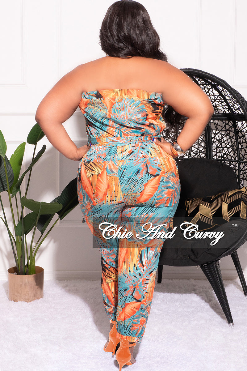 Final Sale Plus Size Strapless Jumpsuit with Tie in Turquoise & Orange Print
