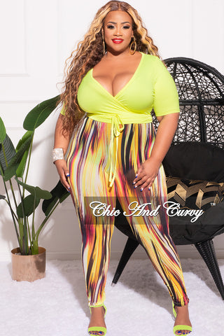 Final Sale Plus Size 2pc Long Sleeve Crop Tie Top and Mesh Pants in Neon Green Multi Color