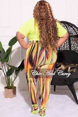 Final Sale Plus Size 2pc Long Sleeve Crop Tie Top and Mesh Pants in Neon Green Multi Color
