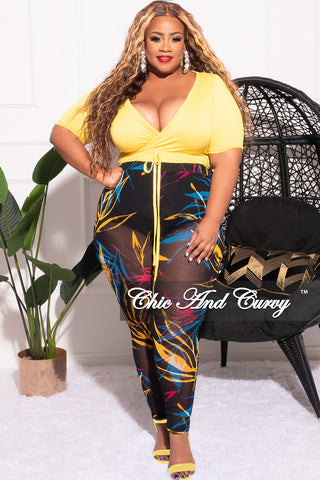 Final Sale Plus Size 2pc Long Sleeve Crop Tie Top and Mesh Pants in Yellow Multi Color