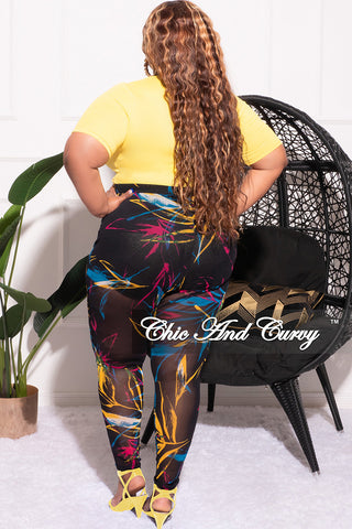 Final Sale Plus Size 2pc Long Sleeve Crop Tie Top and Mesh Pants in Yellow Multi Color
