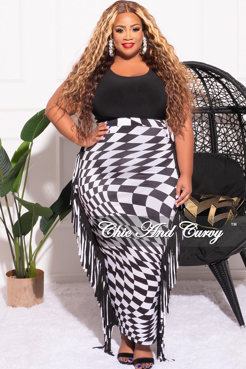 Final Sale Plus Size High Waist Fringe Trim Pencil Skirt in Checkered Print