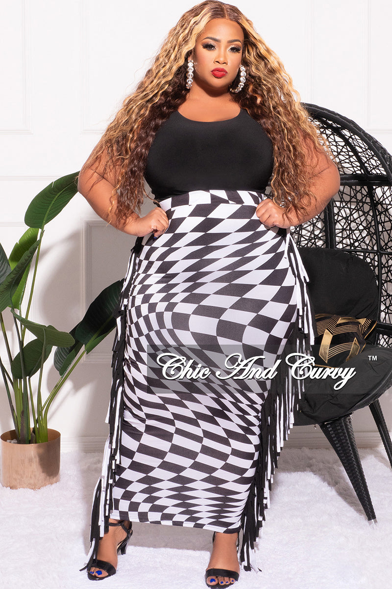 Final Sale Plus Size High Waist Fringe Trim Pencil Skirt in Checkered Print