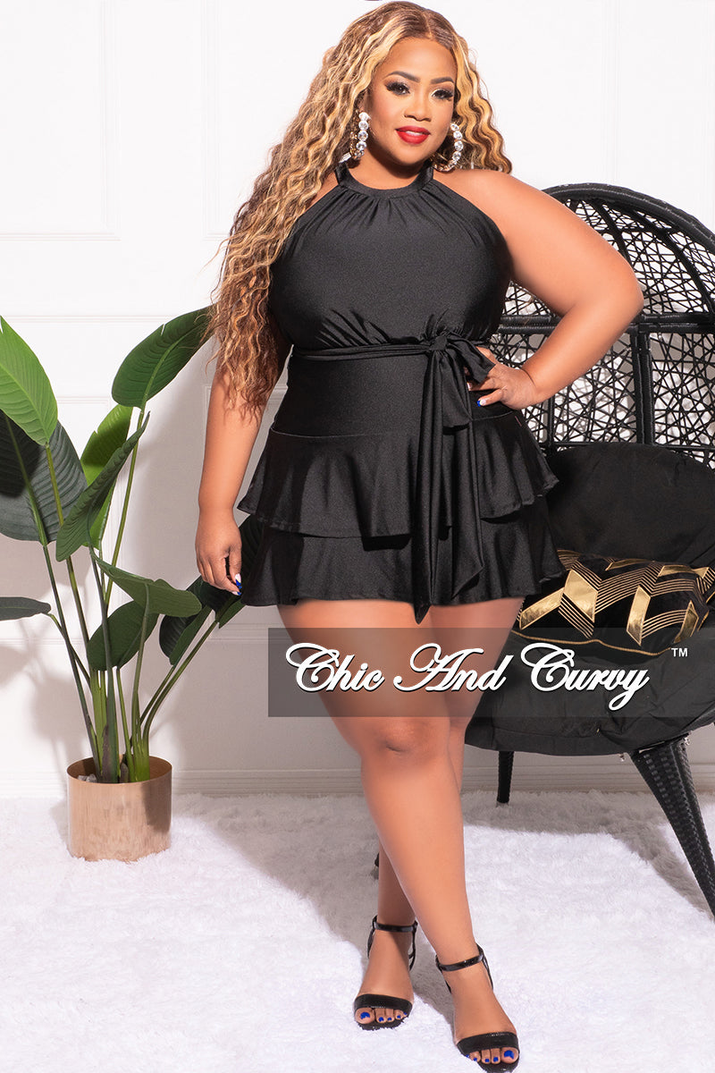 Final Sale Plus Size Halter Layered Dress with Waist Tie in Black Chic And Curvy Final Sale Plus Size Halter Layered Dress with Waist Tie in Black Chic And Curvy