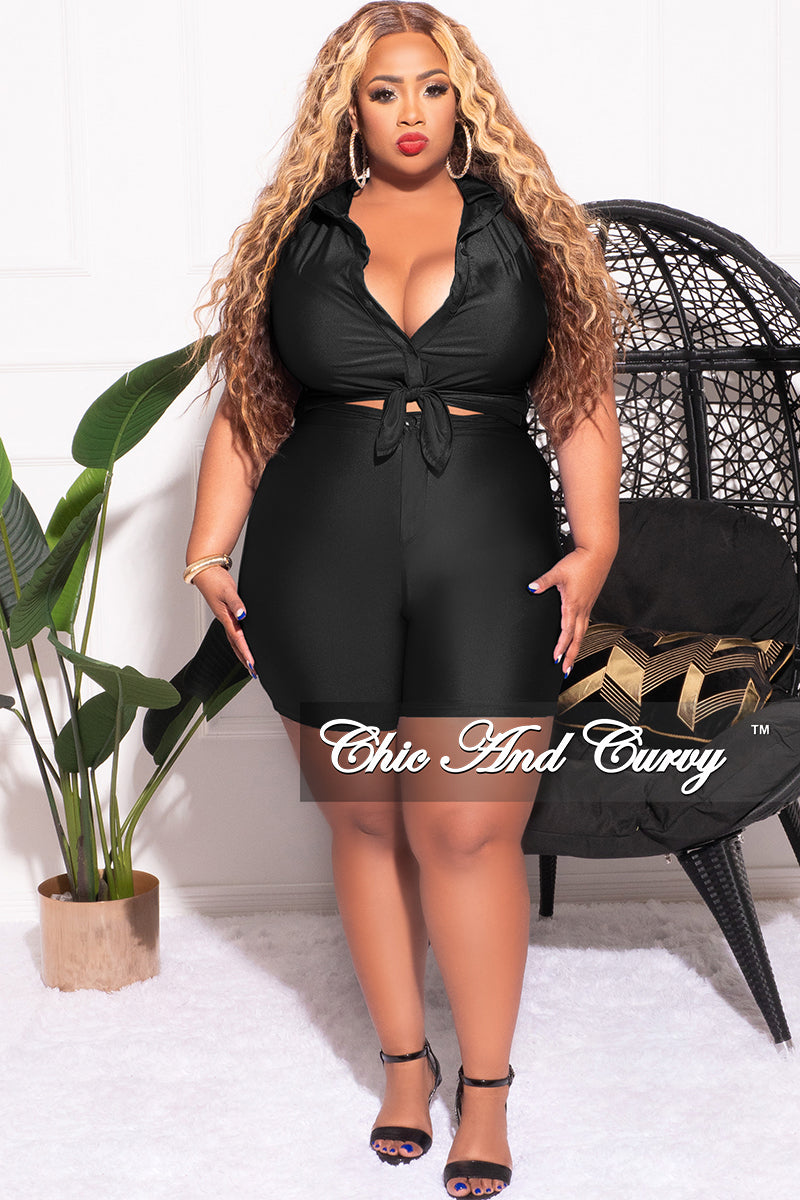 Final Sale Plus Size 2pc Sleeveless Stretchy Crop Tie Top and Bermuda Short Set in Black