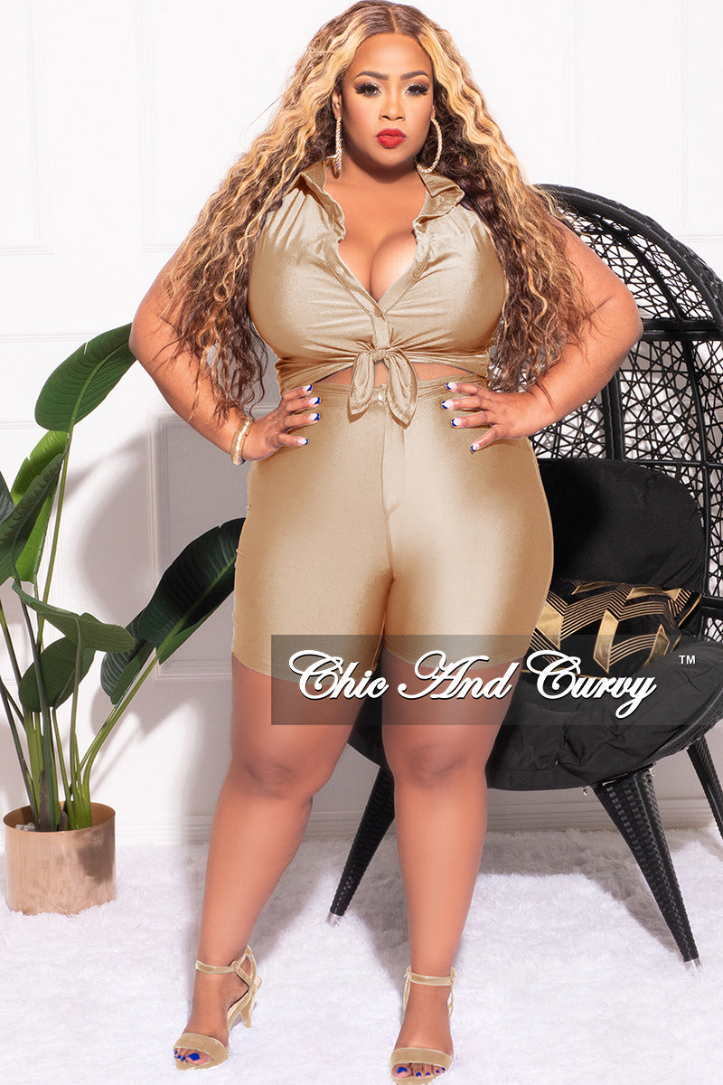 Final Sale Plus Size 2pc Sleeveless Stretchy Crop Tie Top and Bermuda Short Set in Khaki