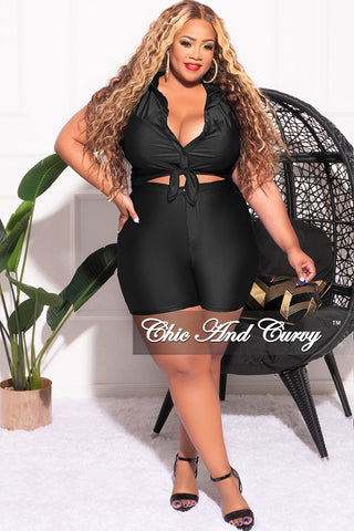 Final Sale Plus Size 2pc Sleeveless Stretchy Crop Tie Top and Bermuda Short Set in Black