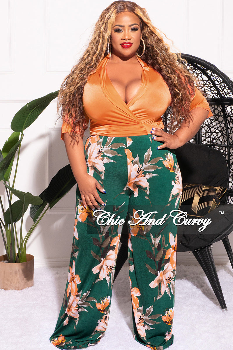 Final Sale Plus Size 2pc Crop Tie Top and Pants Set in Orange and Green Floral Print