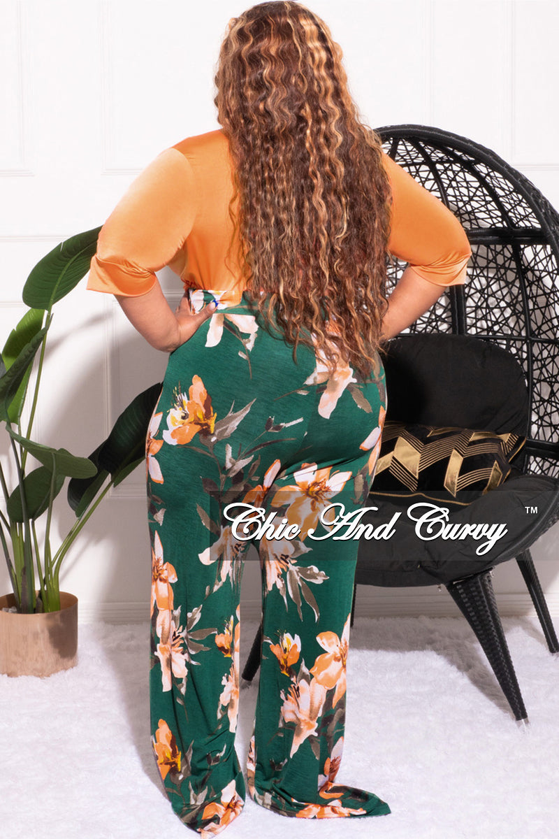 Final Sale Plus Size 2pc Crop Tie Top and Pants Set in Orange and Green Floral Print