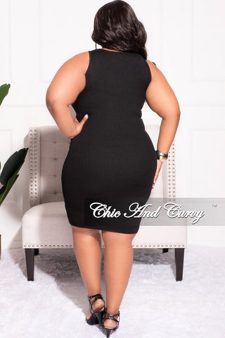 Final Sale Plus Size Sleeveless Tank Ribbed Bodycon Dress Lace Up Detail in Black