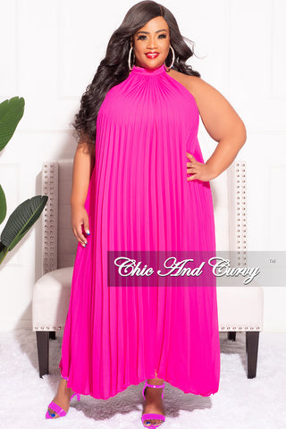 Final Sale Plus Size Halter Neck Sleeveless Dress with Pleats in Fuchsia