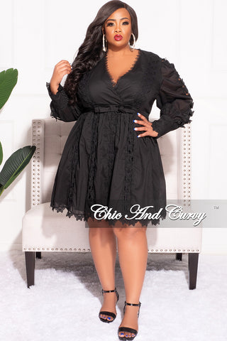 Final Sale Plus Size Faux Wrap Dress with Butterfly Applique in Black