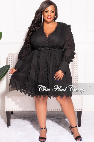 Final Sale Plus Size Faux Wrap Dress with Butterfly Applique in Black