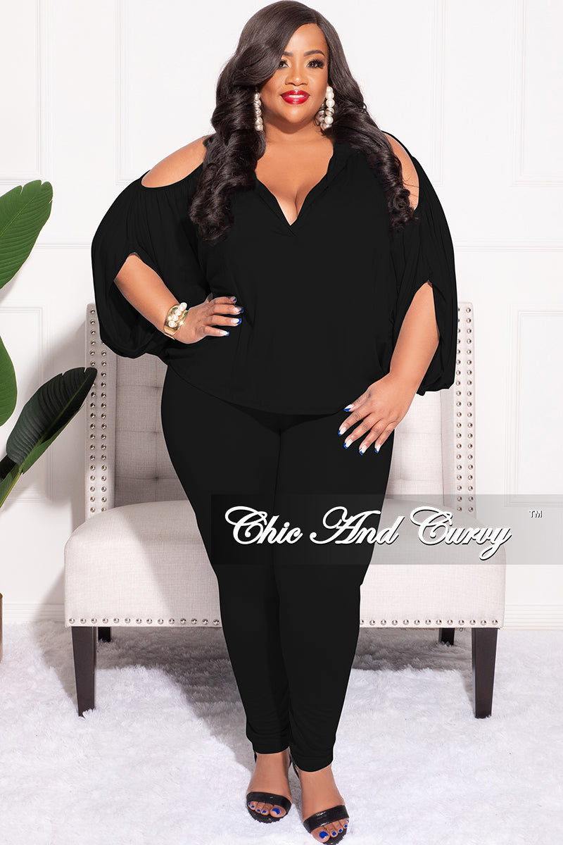 Final Sale Plus Size 2pc Cold Shoulder Shirt Top and Pants in Black