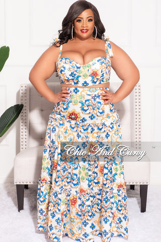 Final Sale Plus Size 2pc Skirt Set with Sleeveless Crop Top in White and Royal Blue Multi Color