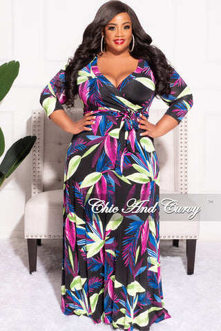 Final Sale Plus Size Deep V Faux Wrap Dress with 3/4 Sleeves in Black Purple Blue Green Floral Print