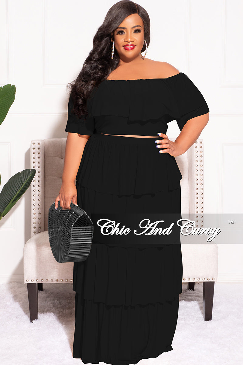Final Sale Plus Size 2pc Ruffle Tiered Off the Shoulder Crop Top Maxi Skirt Set in Black