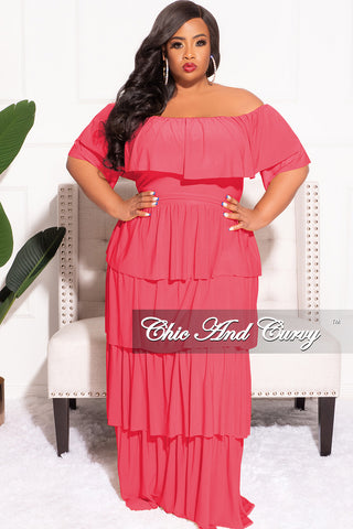Final Sale Plus Size 2pc Ruffle Tiered Off the Shoulder Crop Top Maxi Skirt Set in Coral