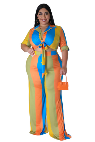 Final Sale Plus Size 2pc Crop Top & Palazzo Pant Set in Blue Orange and Yellow Stripe Print