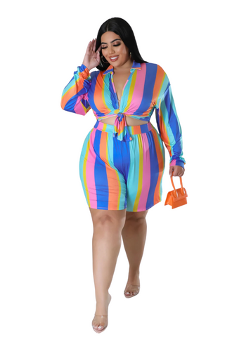 Final Sale Plus Size 2pc Set with Collar Crop Tie Top and Shorts Set in Multi Color Stripe Print