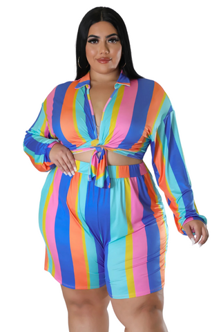 Final Sale Plus Size 2pc Set with Collar Crop Tie Top and Shorts