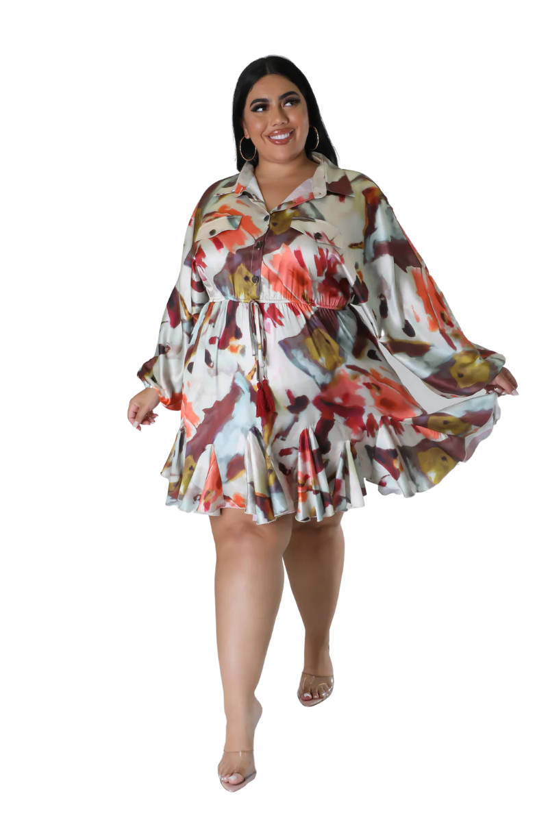 Final Sale Plus Size Satin Collar Baby Doll Dress in Multi Color Print Final Sale Plus Size Satin Collar Baby Doll Dress in Multi Color Print