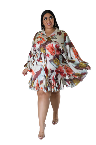 Final Sale Plus Size Satin Collar Baby Doll Dress in Multi Color Print