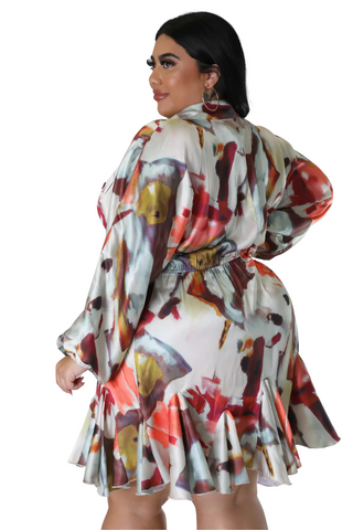 Final Sale Plus Size Satin Collar Baby Doll Dress in Multi Color Print